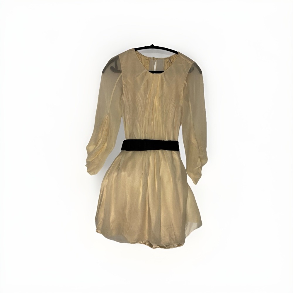 Diane von Furstenberg 100% Silk Beige Chiffon Mini Dress‎ with Black Waistband